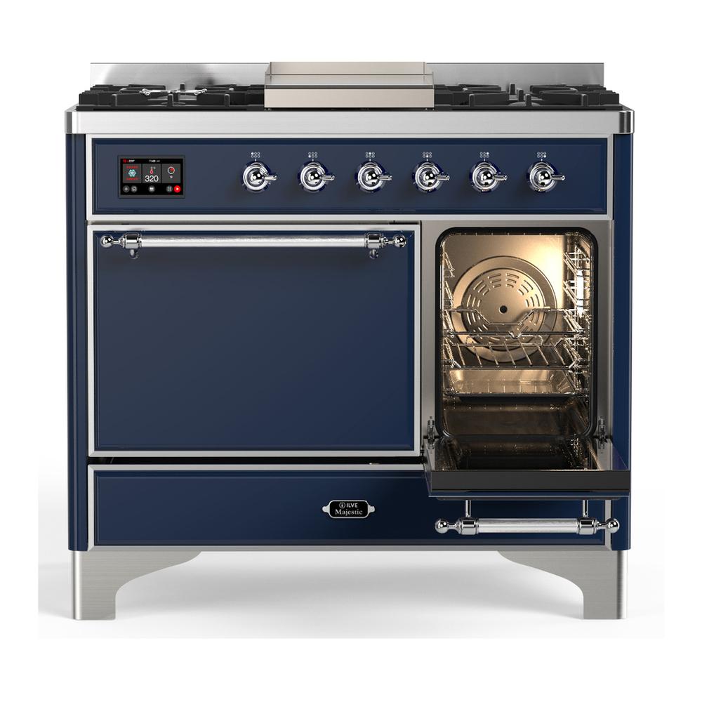 ILVE UMD40FQNR3MBC Majestic III 40 inch Dual Fuel Range with 6 Burners and Griddle, Dual Function Burner up to 25,000 BTU (Natural Gas, Solid Door, Midnight Blue, Chrome)