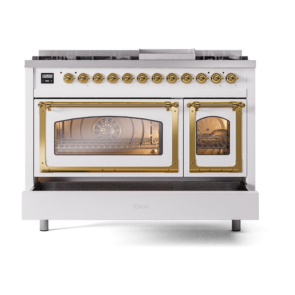 ILVE UN48FNMPWHG Nostalgie II Noblesse 48 inch Dual Fuel Range (8 Sealed Burners + Griddle, Natural Gas, Triple Glass Door, White, Brass)