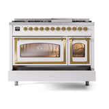 ILVE UN48FNMPWHG Nostalgie II Noblesse 48 inch Dual Fuel Range (8 Sealed Burners + Griddle, Natural Gas, Triple Glass Door, White, Brass)