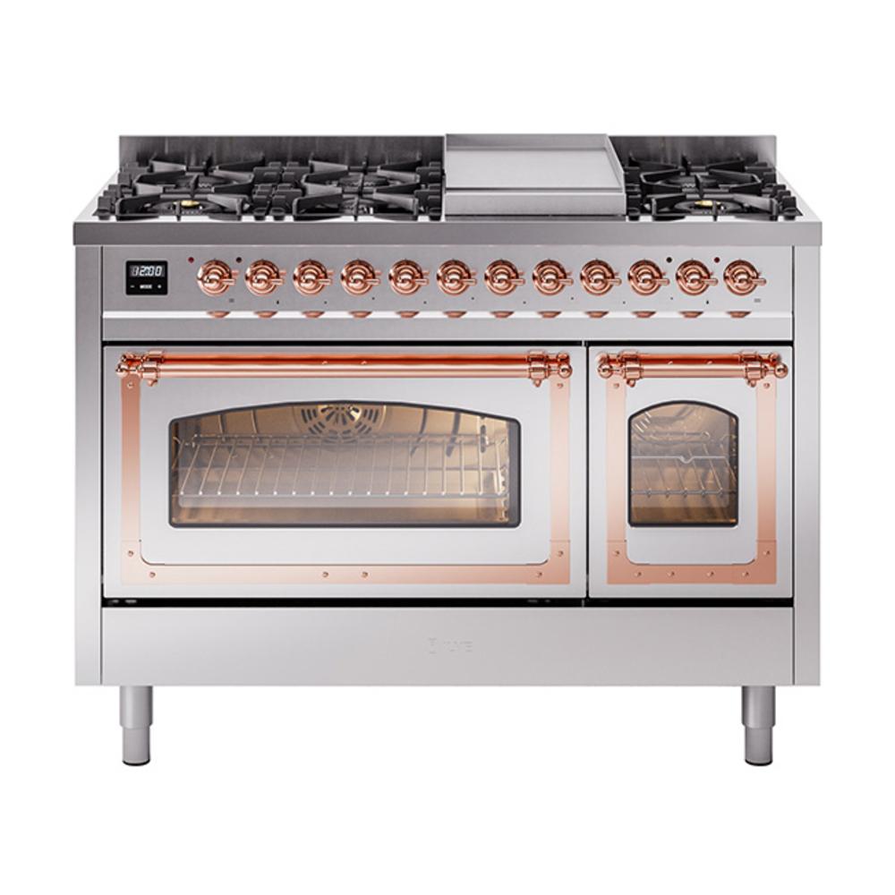 ILVE UN48FNMPSSPLP Nostalgie II Noblesse 48 inch Dual Fuel Range (8 Sealed Burners + Griddle, Liquid Propane, Triple Glass Door, Stainless Steel, Copper)