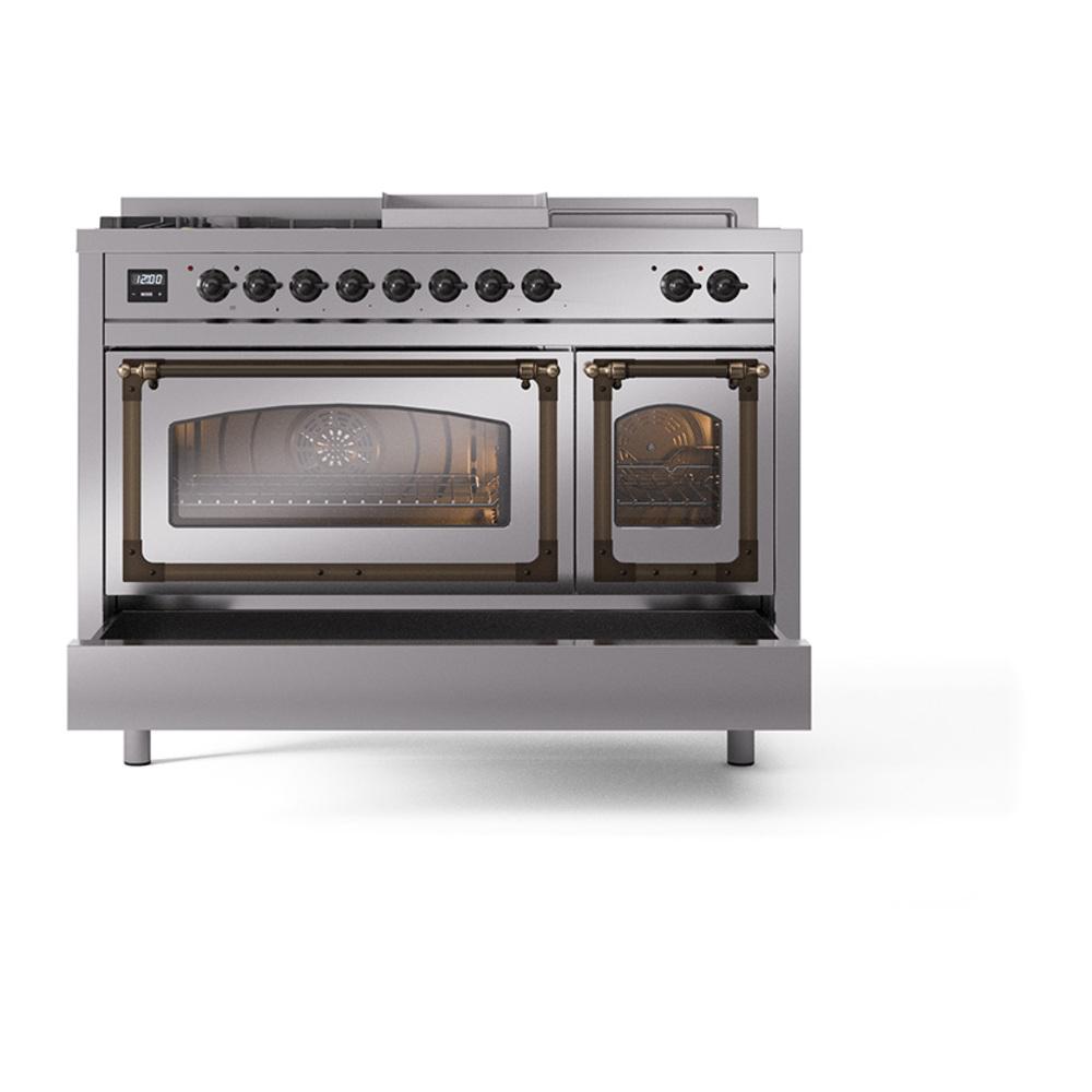 ILVE UN48FSNMPSSB Nostalgie II Noblesse 48 inch Dual Fuel Range (5 Sealed Burners + Griddle + French Top, Natural Gas, Triple Glass Door, Stainless Steel, Burnished)