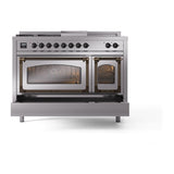 ILVE UN48FSNMPSSB Nostalgie II Noblesse 48 inch Dual Fuel Range (5 Sealed Burners + Griddle + French Top, Natural Gas, Triple Glass Door, Stainless Steel, Burnished)