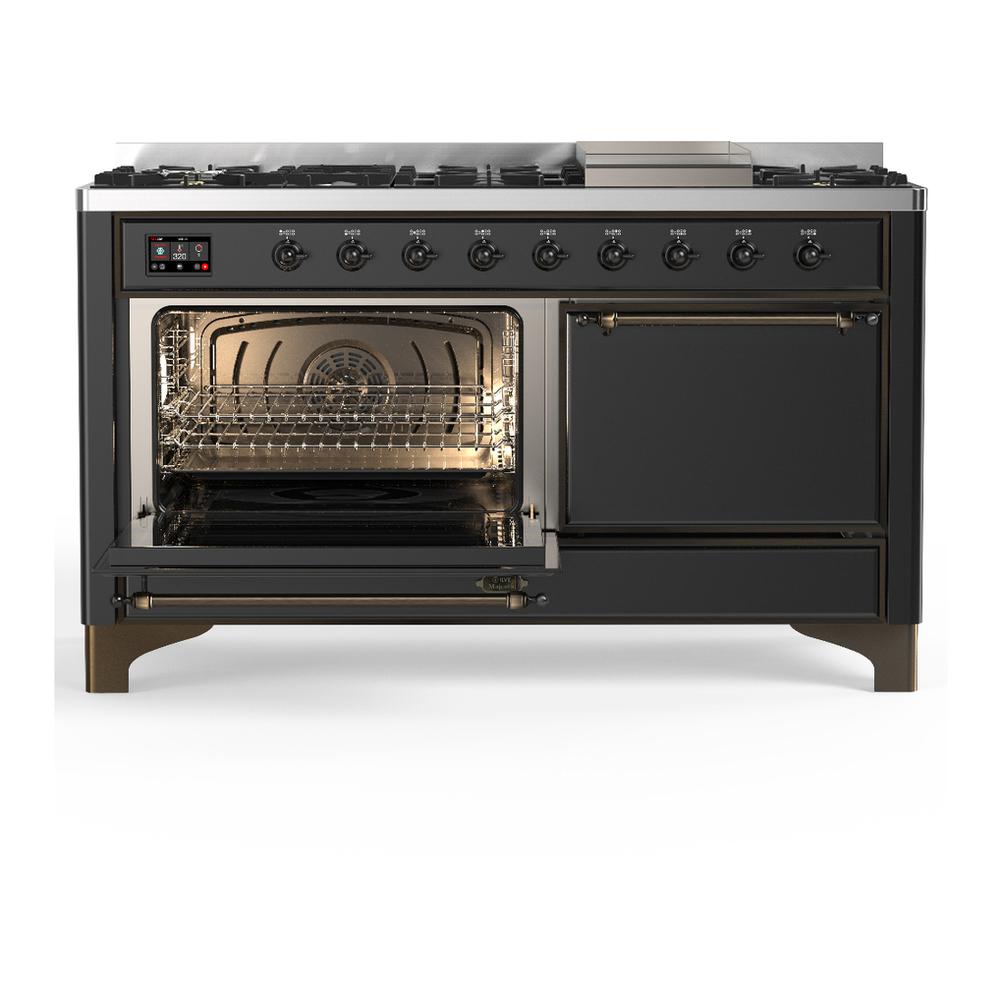 ILVE UM60FQNR3MGB Majestic III 60 inch Dual Fuel Range with 9 Burners and Griddle, Dual Function Burner up to 25,000 BTU (Natural Gas, Solid Door, Graphite Matte, Burnished)