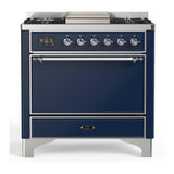 ILVE UM36FQNR3MBC Majestic III 36 inch Dual Fuel Range with 6 Black Brass Burners and Griddle, Dual Function Burner up to 25,000 BTU (Solid Door, Midnight Blue, Chrome, Natural Gas)