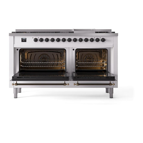 ILVE UN60FQNMPWHB Nostalgie II Noblesse 60 inch Dual Fuel Range (9 Sealed Burners + Griddle, Natural Gas, Solid Door, White, Burnished)