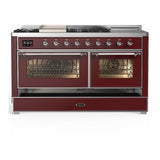 ILVE UM60FSNR3BUCLP Majestic III 60 inch Dual Fuel Range with 7 Burners, Griddle and French Top, Dual Function Burner with up to 25,000 BTU (Liquid Propane, Triple Glass Door, Burgundy, Chrome)