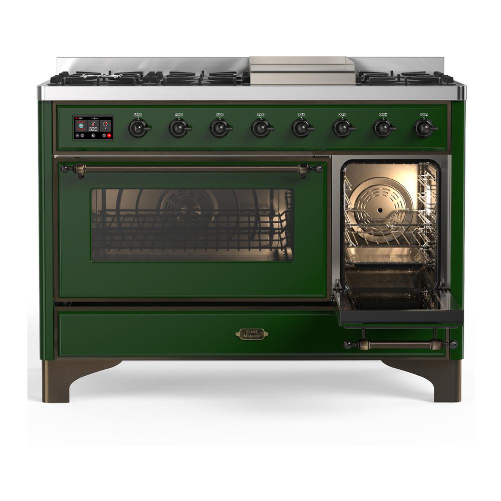 ILVE UM48FNR3EGB Majestic III 48 inch Dual Fuel Range with 8 Burners and Griddle, Dual Function Burner up to 25,000 BTU (Natural Gas, Triple Glass Door, Emerald Green, Burnished)