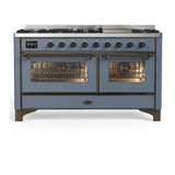 ILVE UM60FNR3BGB Majestic III 60 inch Dual Fuel Range with 9 Burners and Griddle, Dual Function Burner up to 25,000 BTU (Natural Gas, Triple Glass Door, Blue Grey, Burnished)