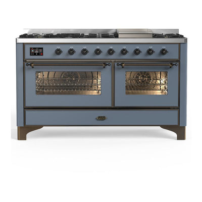 ILVE UM60FNR3BGB Majestic III 60 inch Dual Fuel Range with 9 Burners and Griddle, Dual Function Burner up to 25,000 BTU (Natural Gas, Triple Glass Door, Blue Grey, Burnished)