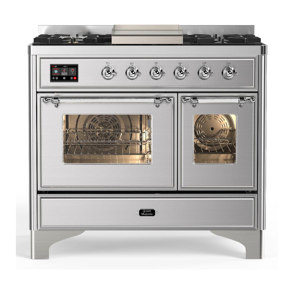 ILVE UMD40FNR3SSCLP Majestic III 40 inch Dual Fuel Range with 6 Burners and Griddle, Dual Function Burner up to 25,000 BTU (Liquid Propane, Triple Glass Door, Stainless Steel, Chrome)