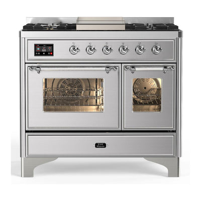 ILVE UMD40FNR3SSCLP Majestic III 40 inch Dual Fuel Range with 6 Burners and Griddle, Dual Function Burner up to 25,000 BTU (Liquid Propane, Triple Glass Door, Stainless Steel, Chrome)