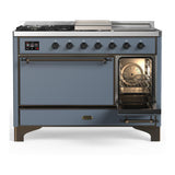 ILVE UM48FSQNR3BGBLP Majestic III 48 inch Dual Fuel Range with 5 Black Brass Burners, Griddle and French Top, Dual Function Burner up to 25,000 BTU (Liquid Propane, Solid Door, Blue Grey, Burnished)