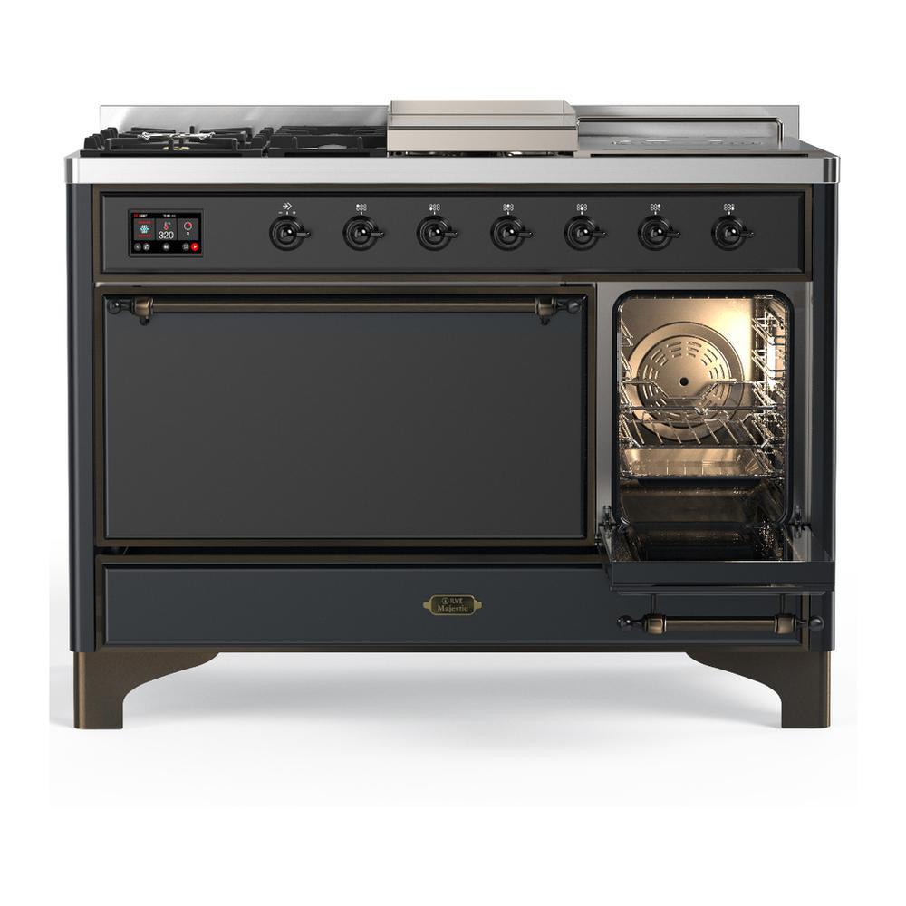 ILVE UM48FSQNR3MGBLP Majestic III 48 inch Dual Fuel Range with 5 Black Brass Burners, Griddle and French Top, Dual Function Burner up to 25,000 BTU (Liquid Propane, Solid Door, Graphite Matte, Burnished)