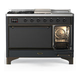 ILVE UM48FSQNR3MGBLP Majestic III 48 inch Dual Fuel Range with 5 Black Brass Burners, Griddle and French Top, Dual Function Burner up to 25,000 BTU (Liquid Propane, Solid Door, Graphite Matte, Burnished)