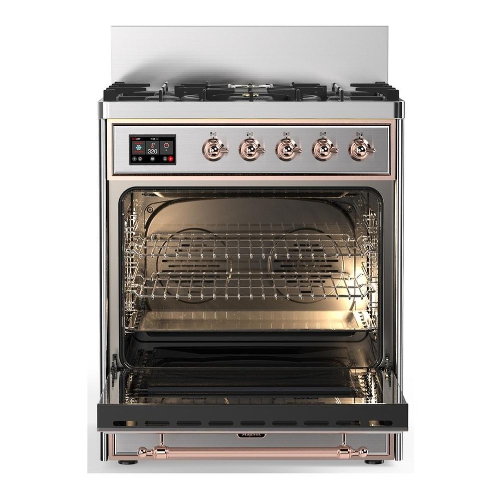 ILVE UM30QNR3SSP Majestic III 30 inch Dual Fuel Range with 5 Black Brass Burners, Dual Function Burner up to 25,000 BTU (Natural Gas, Solid Door, Stainless Steel, Copper)