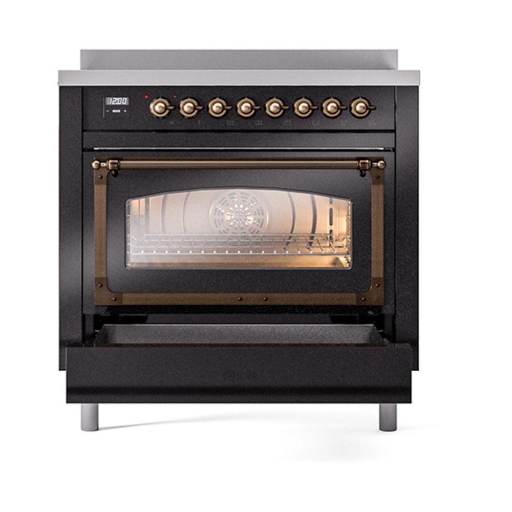 ILVE UNI366NMPBKB Nostalgie II Noblesse 36 inch Induction Range (Triple Glass Door, Glossy Black, Burnished)