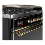 ILVE UM48FSQNR3BKGLP Majestic III 48 inch Dual Fuel Range with 5 Black Brass Burners, Griddle and French Top, Dual Function Burner up to 25,000 BTU (Liquid Propane, Solid Door, Glossy Black, Brass)