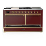 ILVE UM60FSQNR3BUG Majestic III 60 inch Dual Fuel Range with 7 Burners, Griddle and French Top, Dual Function Burner with up to 25,000 BTU (Natural Gas, Solid Door, Burgundy, Brass)