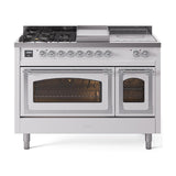 ILVE UN48FSNMPWHC Nostalgie II Noblesse 48 inch Dual Fuel Range (5 Sealed Burners + Griddle + French Top, Natural Gas, Triple Glass Door, White, Chrome)