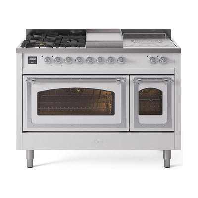 ILVE UN48FSNMPWHC Nostalgie II Noblesse 48 inch Dual Fuel Range (5 Sealed Burners + Griddle + French Top, Natural Gas, Triple Glass Door, White, Chrome)