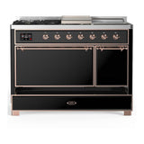 ILVE UM48FSQNR3BKP Majestic III 48 inch Dual Fuel Range with 5 Black Brass Burners, Griddle and French Top, Dual Function Burner up to 25,000 BTU (Natural Gas, Solid Door, Glossy Black, Copper)