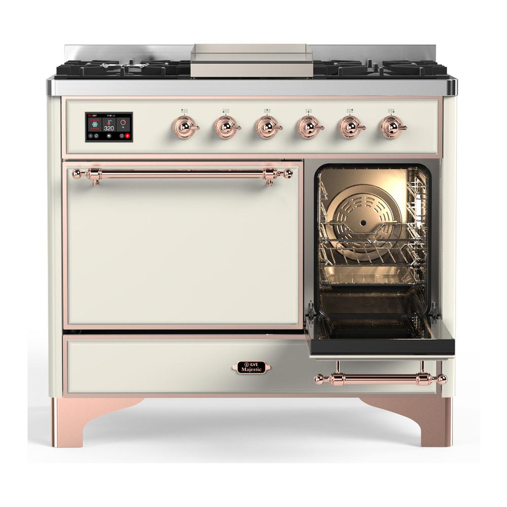 ILVE UMD40FQNR3AWP Majestic III 40 inch Dual Fuel Range with 6 Burners and Griddle, Dual Function Burner up to 25,000 BTU (Natural Gas, Solid Door, Antique White, Copper)