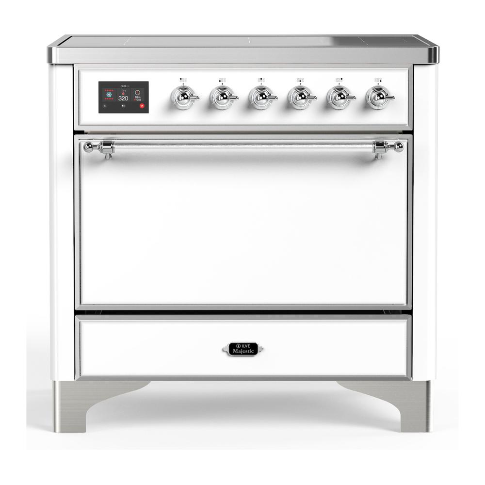 ILVE UMIB36QNR3WHC Majestic III 36 inch Induction Range with 6 Elements, 3.5 cu. ft. Total Oven Capacity (Solid Door, White, Chrome)