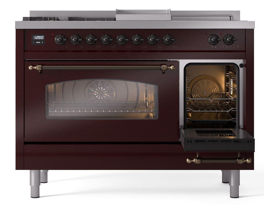 Nostalgie II 48 Inch Dual Fuel Liquid Propane Freestanding Range in Burgundy with Bronze Trim