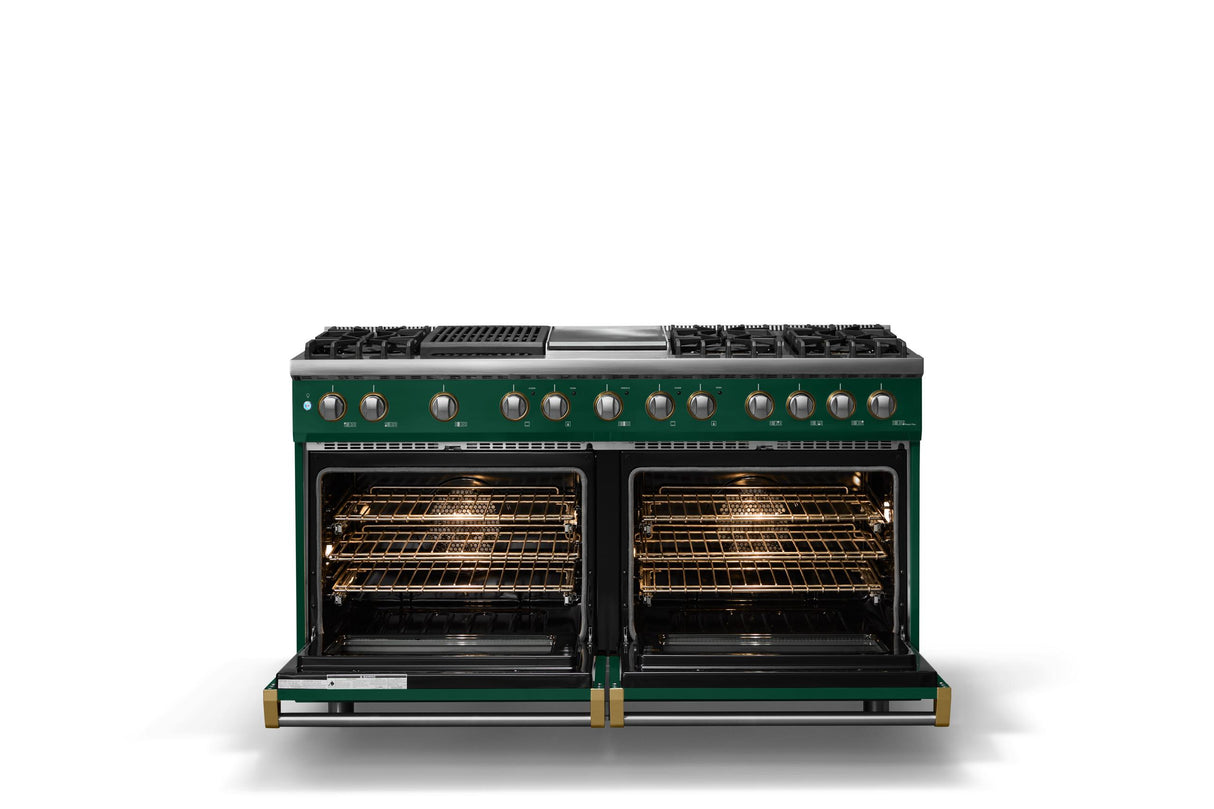 60"W.Dual Fuel Range (Finish: Ivy, Trim: Brushed Brass, Fuel: Propane)