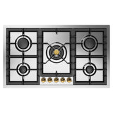 ILVE UHCPT95NSSG Nostalgie II 36 inch Built-In Gas Cooktop with Total Black Brass Burners, in Stainless Steel (5 Sealed Burners, Natural Gas)