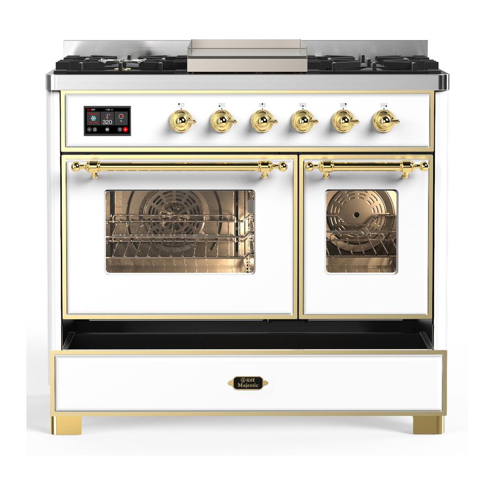 ILVE UMD40FNR3WHGLP Majestic III 40 inch Dual Fuel Range with 6 Burners and Griddle, Dual Function Burner up to 25,000 BTU (Liquid Propane, Triple Glass Door, White, Brass)