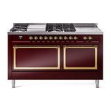 ILVE UN60FSQNMPBUGLP Nostalgie II Noblesse 60 inch Dual Fuel Range (7 Sealed Burners + Griddle + French Top, Liquid Propane, Solid Door, Burgundy, Brass)