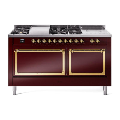 ILVE UN60FSQNMPBUGLP Nostalgie II Noblesse 60 inch Dual Fuel Range (7 Sealed Burners + Griddle + French Top, Liquid Propane, Solid Door, Burgundy, Brass)