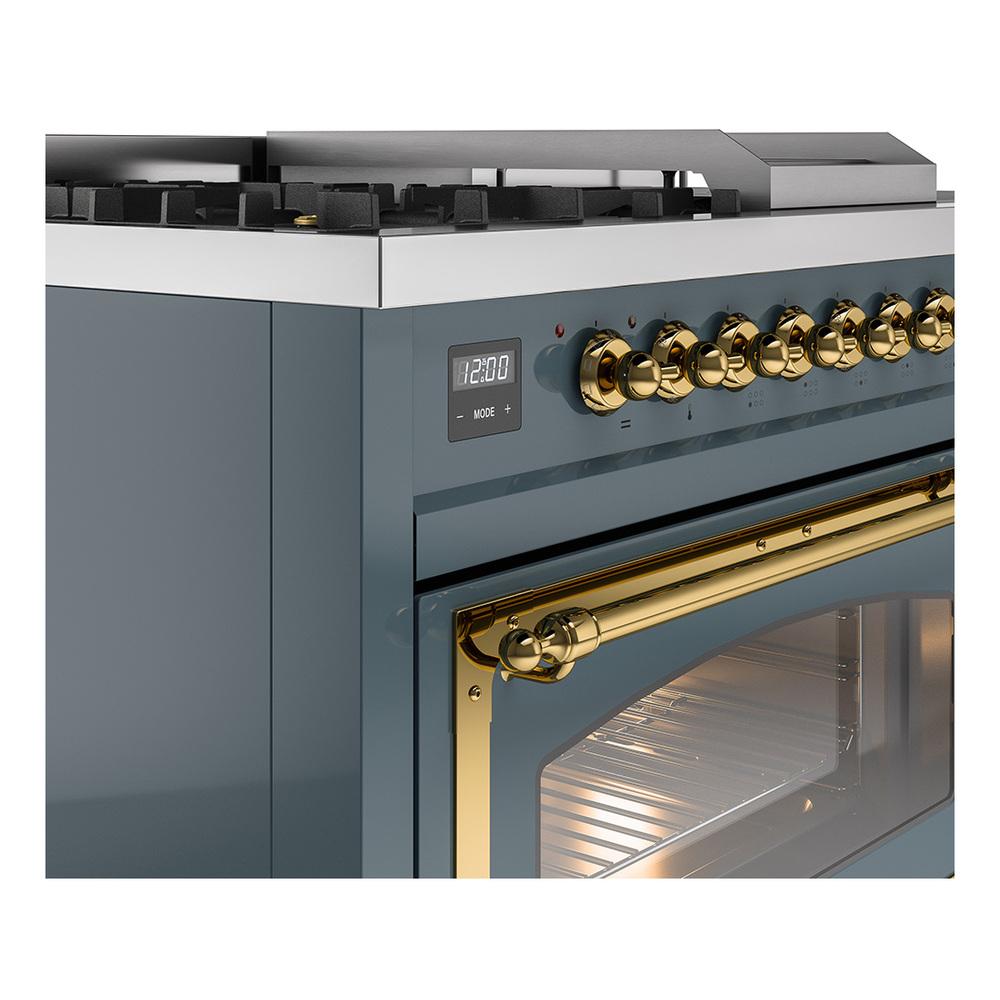 ILVE UN48FSNMPBGGLP Nostalgie II Noblesse 48 inch Dual Fuel Range (5 Sealed Burners + Griddle + French Top, Liquid Propane, Triple Glass Door, Blue Grey, Brass)