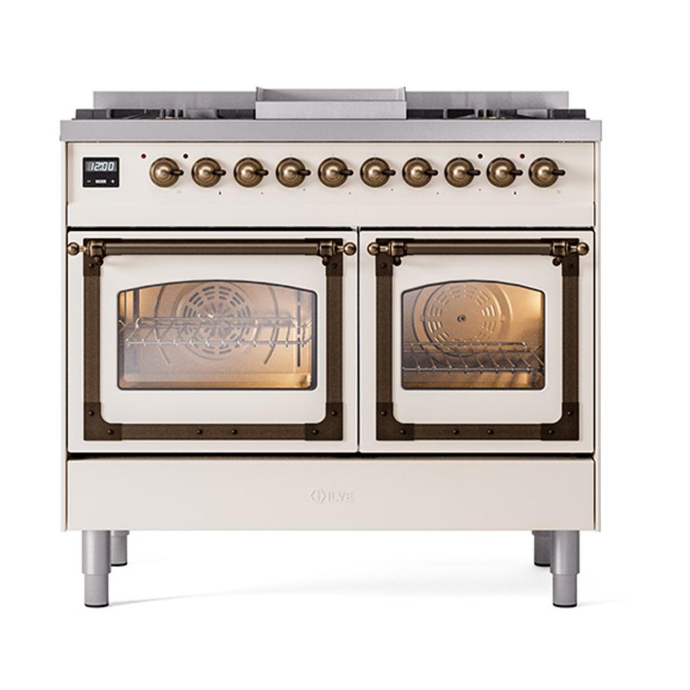 ILVE UND40FNMPAWBLP Nostalgie II Noblesse 40 inch Dual Fuel Range (Liquid Propane, Triple Glass Door, Antique White, Burnished)