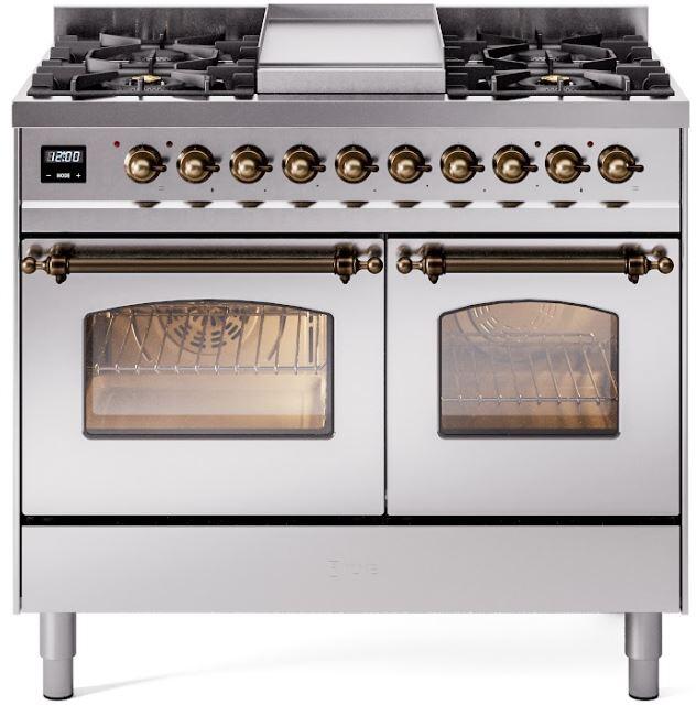 Nostalgie II 40 Inch Dual Fuel Natural Gas Freestanding Range in Stainless Steel with Bronze Trim