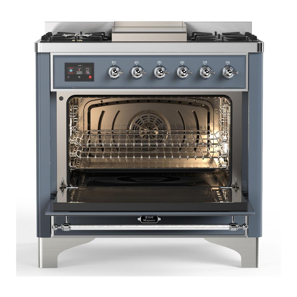 ILVE UM36FQNR3BGC Majestic III 36 inch Dual Fuel Range with 6 Black Brass Burners and Griddle, Dual Function Burner up to 25,000 BTU (Solid Door, Blue Grey, Chrome, Natural Gas)