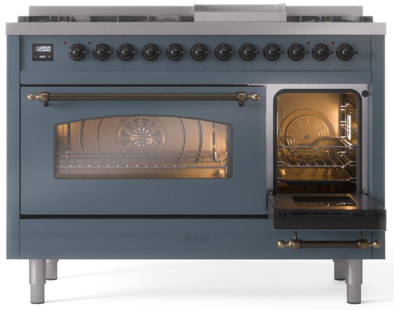Nostalgie II 48 Inch Dual Fuel Natural Gas Freestanding Range in Blue Grey with Bronze Trim