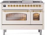 Nostalgie II 48 Inch Dual Fuel Natural Gas Freestanding Range in Antique White with Brass Trim