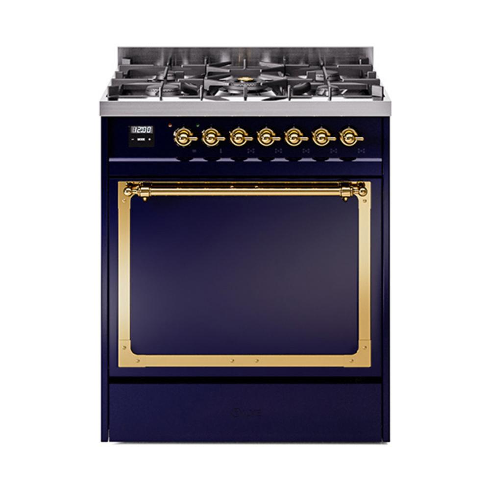 ILVE UN30QNMPMBGLP Nostalgie II Noblesse 30 inch Dual Fuel Range (Liquid Propane, Solid Door, Midnight Blue, Brass)