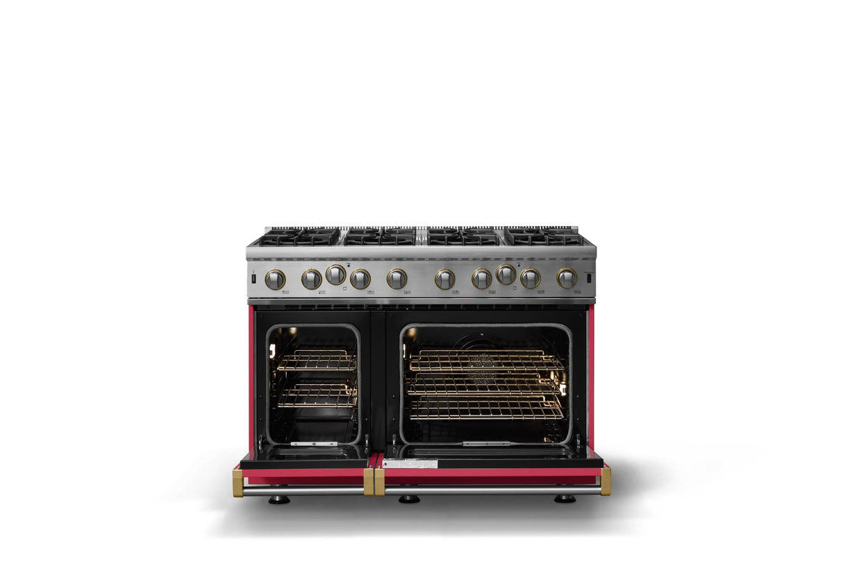 48"W. Open Burner Gas Range (Finish: Valentine, Trim: Brushed Brass, Fuel: Propane)