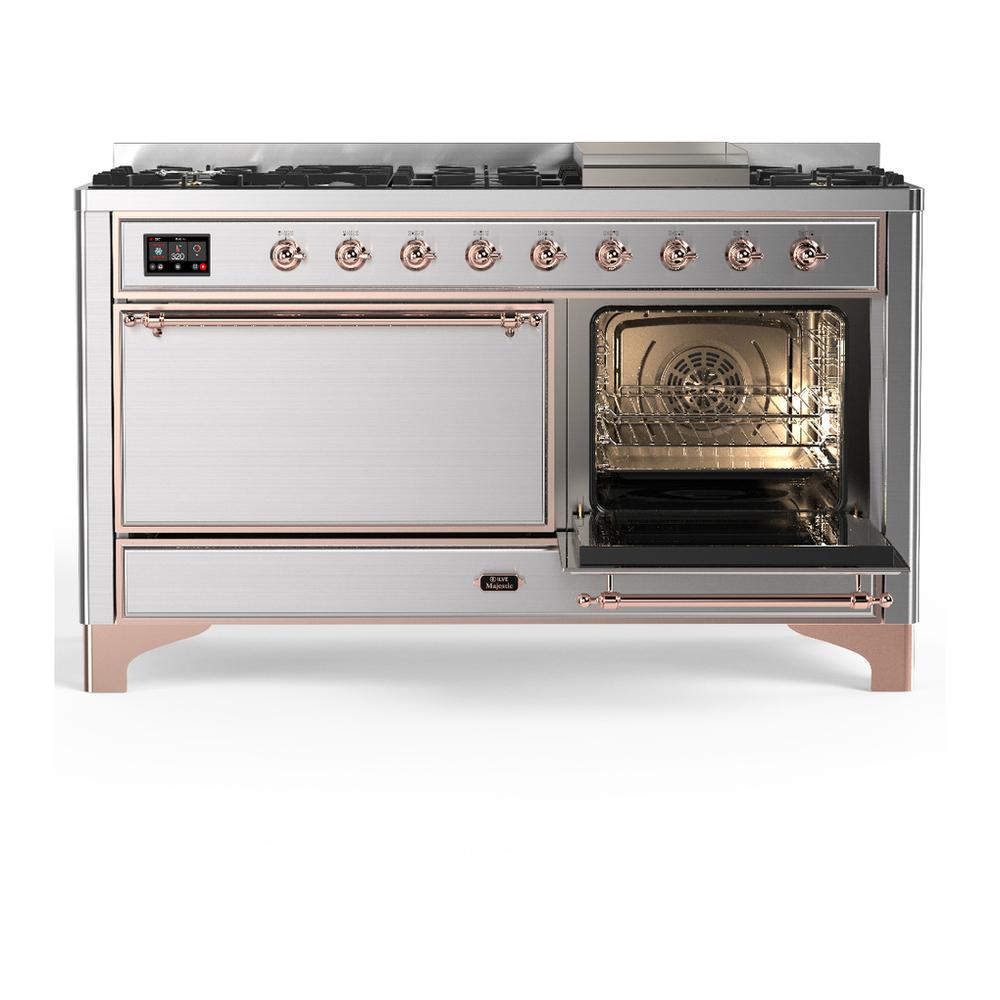 ILVE UM60FQNR3SSPLP Majestic III 60 inch Dual Fuel Range with 9 Burners and Griddle, Dual Function Burner up to 25,000 BTU (Liquid Propane, Solid Door, Stainless Steel, Copper)