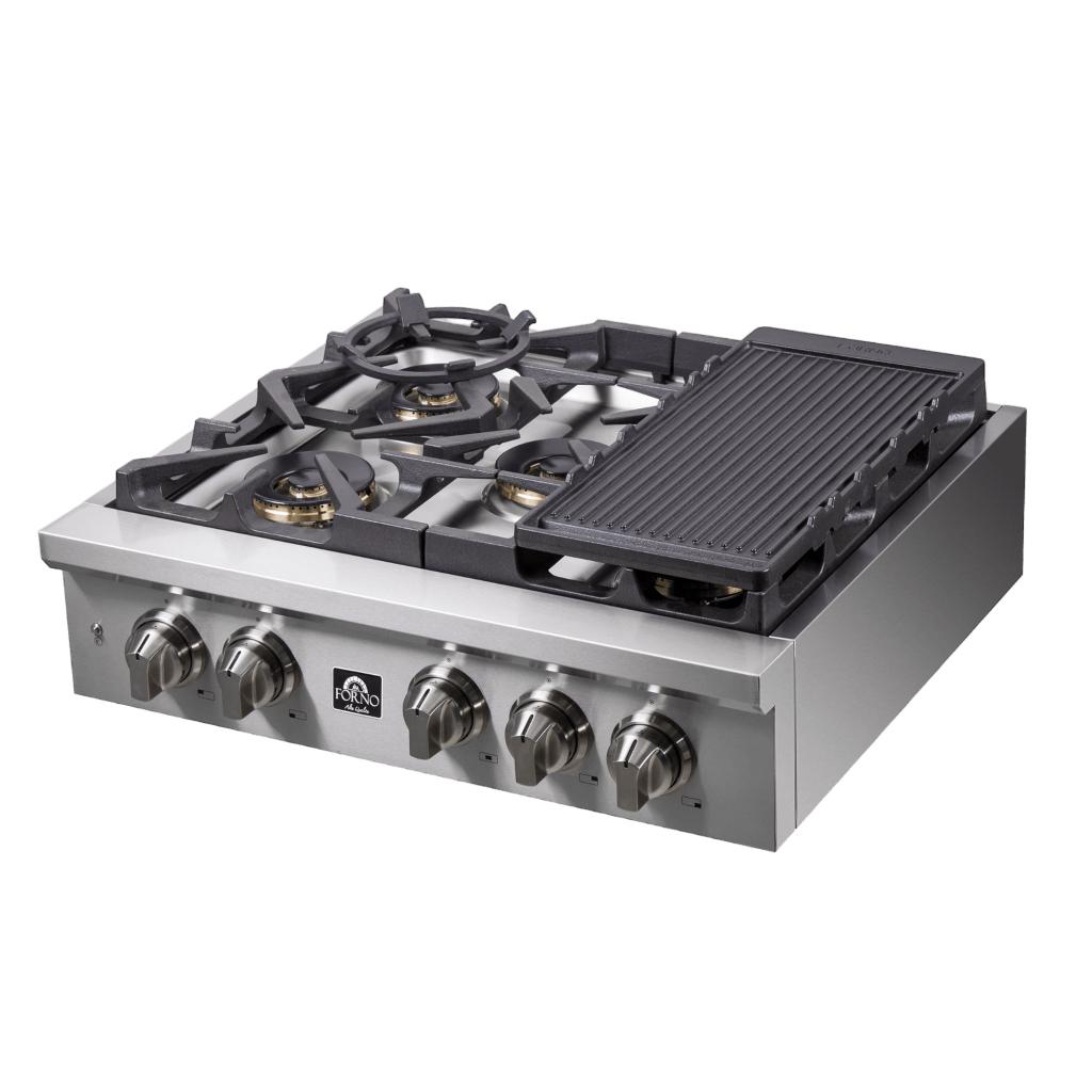 Forno Spezia Alta Qualita 30-Inch Pro-Style Gas Rangetop, Stainless Steel, 5 Sealed Burners, Continuous Cast Iron Grates, High Heat Output
