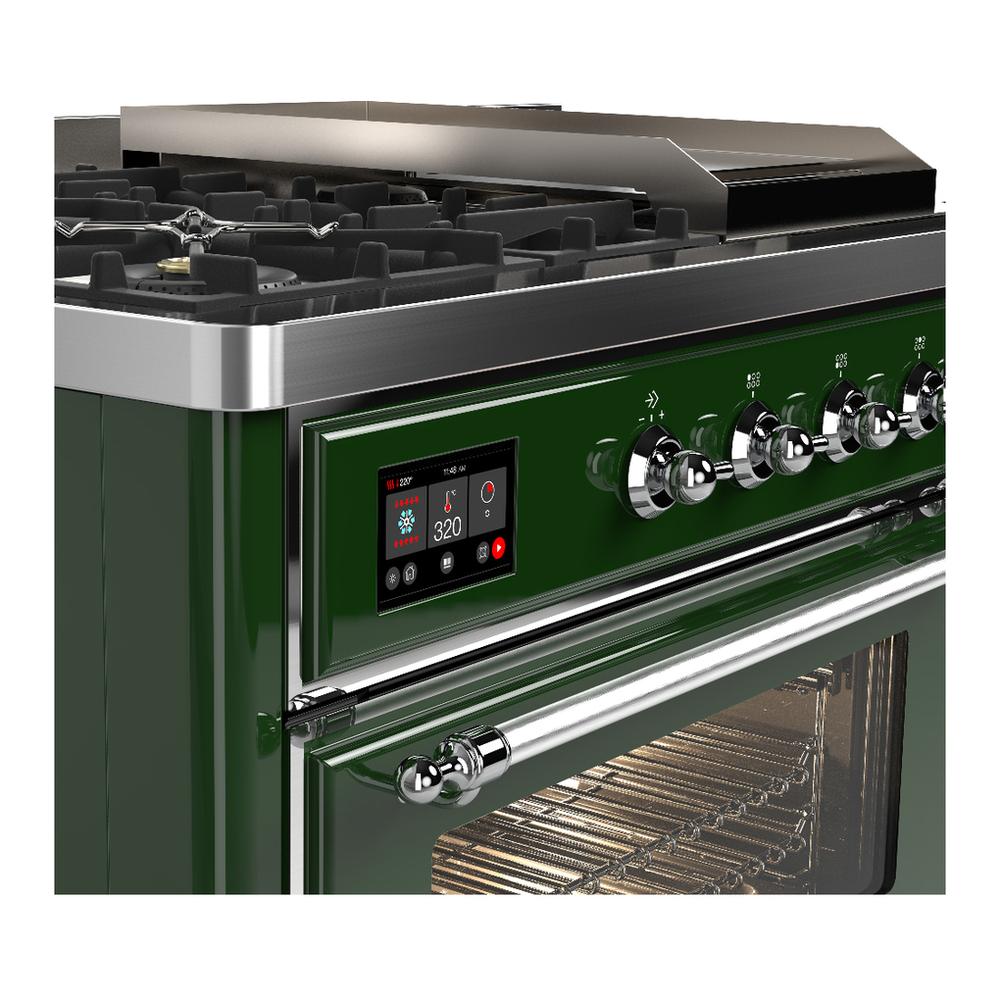 ILVE UM48FSNR3EGC Majestic III 48 inch Dual Fuel Range with 5 Black Brass Burners, Griddle and French Top, Dual Function Burner up to 25,000 BTU (Natural Gas, Triple Glass Door, Emerald Green, Chrome)