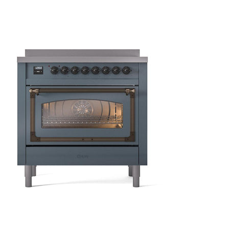 ILVE UNI366NMPBGB Nostalgie II Noblesse 36 inch Induction Range (Triple Glass Door, Blue Grey, Burnished)