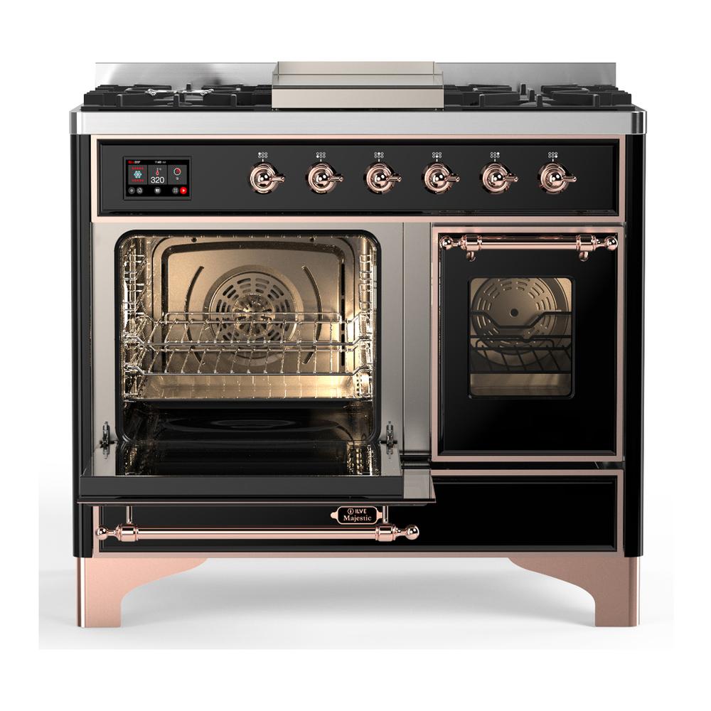 ILVE UMD40FNR3BKP Majestic III 40 inch Dual Fuel Range with 6 Burners and Griddle, Dual Function Burner up to 25,000 BTU (Natural Gas, Triple Glass Door, Glossy Black, Copper)