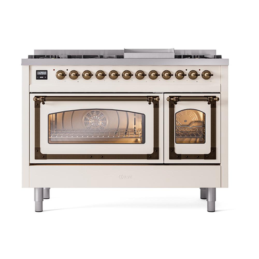 ILVE UN48FNMPAWB Nostalgie II Noblesse 48 inch Dual Fuel Range (8 Sealed Burners + Griddle, Natural Gas, Triple Glass Door, Antique White, Burnished)
