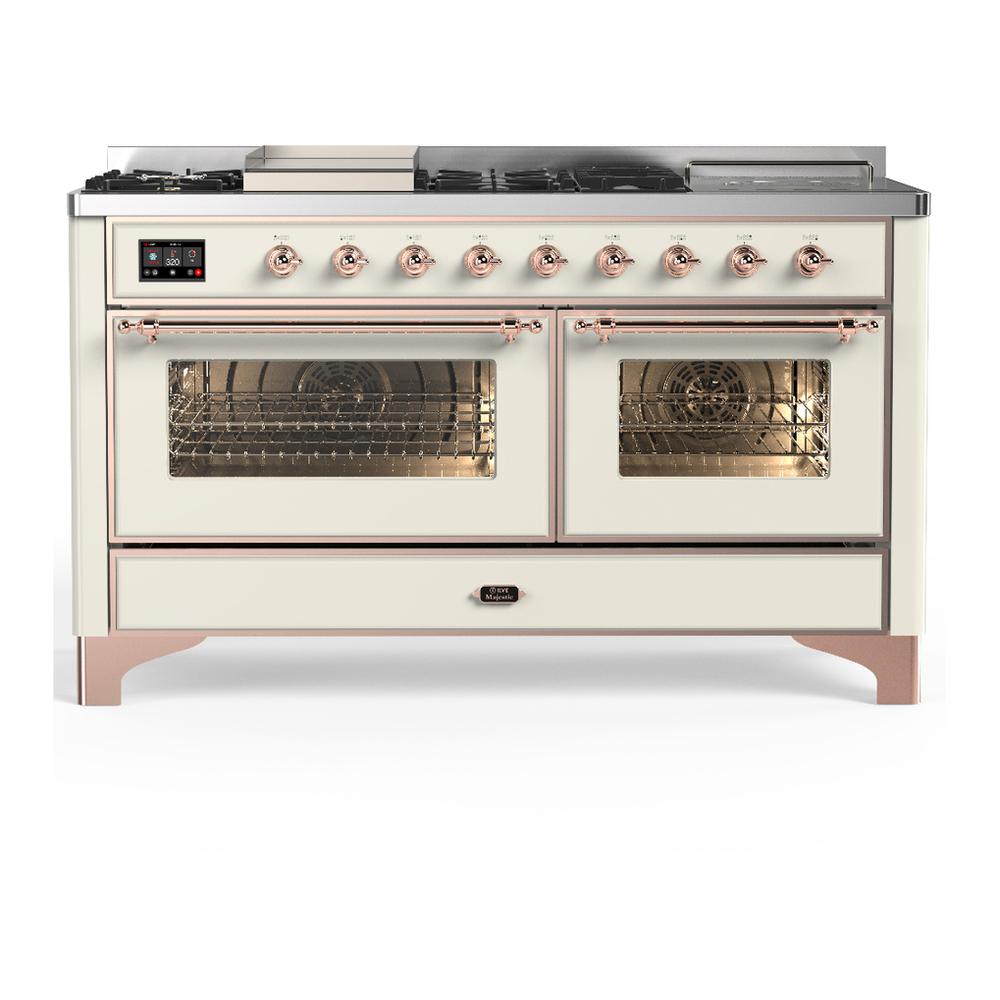 ILVE UM60FSNR3AWPLP Majestic III 60 inch Dual Fuel Range with 7 Burners, Griddle and French Top, Dual Function Burner with up to 25,000 BTU (Liquid Propane, Triple Glass Door, Antique White, Copper)