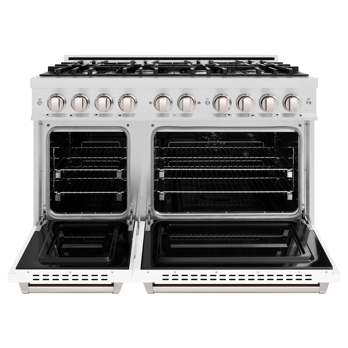 ZLINE 48 in. 6.7 cu. ft. Classic Double Oven Gas Range with 8 Burner Cooktop in DuraSnow' Stainless Steel with White Matte Doors (CGRS-WM-48)