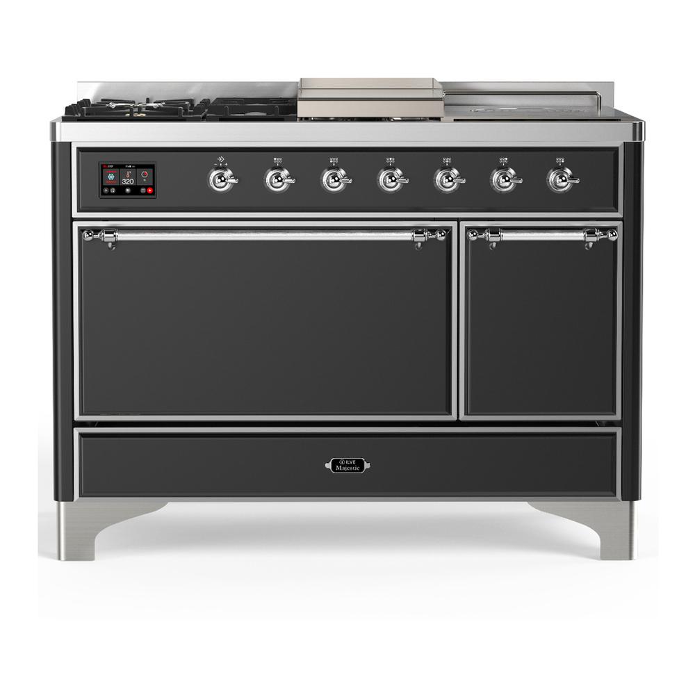 ILVE UM48FSQNR3MGCLP Majestic III 48 inch Dual Fuel Range with 5 Black Brass Burners, Griddle and French Top, Dual Function Burner up to 25,000 BTU (Liquid Propane, Solid Door, Graphite Matte, Chrome)